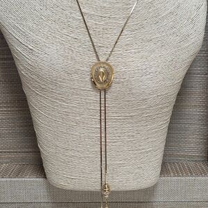 SOLD Elegant Gold Lariat Necklace With Rhinestone Cowboy Hat Slider Pendant
